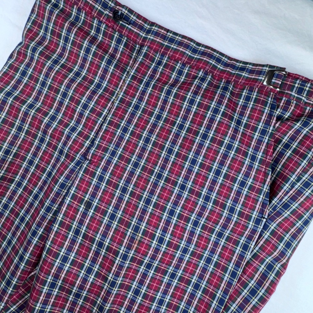 Higgins Slacks Plaid Trousers Mens 37x27 Red Blue Yellow Vintage Side Adjusters